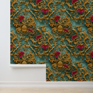 Emerald Barock Blumen mit goldenen Ornamenten Tapete