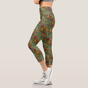 Emerald Barock Blumendekor mit goldenen Ornamenten Capri Leggings