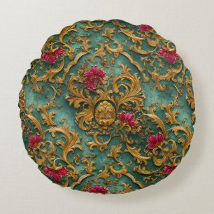 Emerald Barock Blumendekor mit goldenen Ornamenten Rundes Kissen
