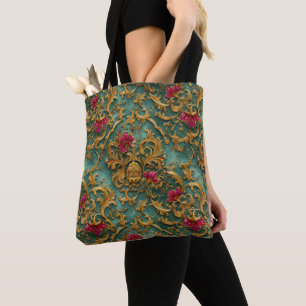 Emerald Barock Blumendekor mit goldenen Ornamenten Tasche