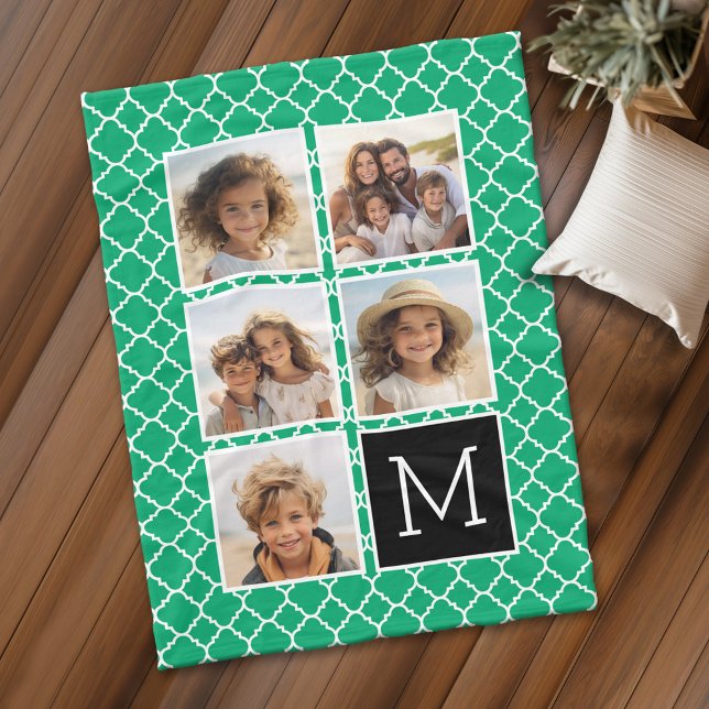 Emerald Black Instagram 5 Foto Collage Monogram Fleecedecke (Personalized fleece blanket with 5 photos and a monogram)