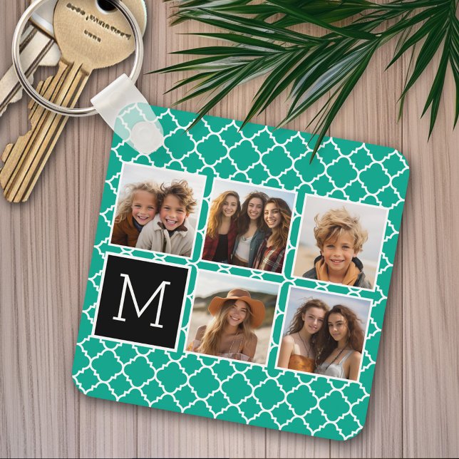 Emerald & Black Instagram 5 Foto Collage Monogramm Schlüsselanhänger (Personalized keychain - Photo Collage)