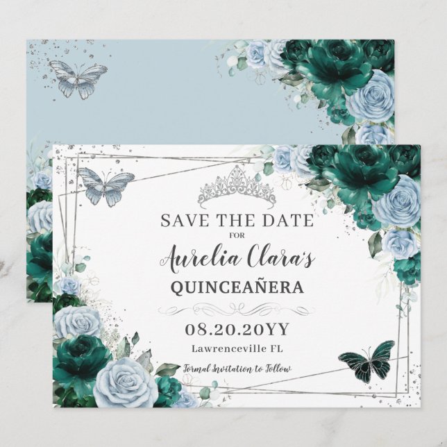 Emerald Blue Floral Silver Quinceanera XV Sweet 16 Save The Date (Vorne/Hinten)