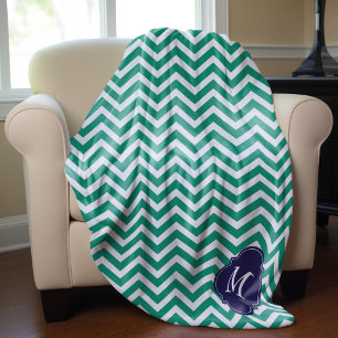 Emerald & Blue Zigzag Muster Monogram Fleecedecke