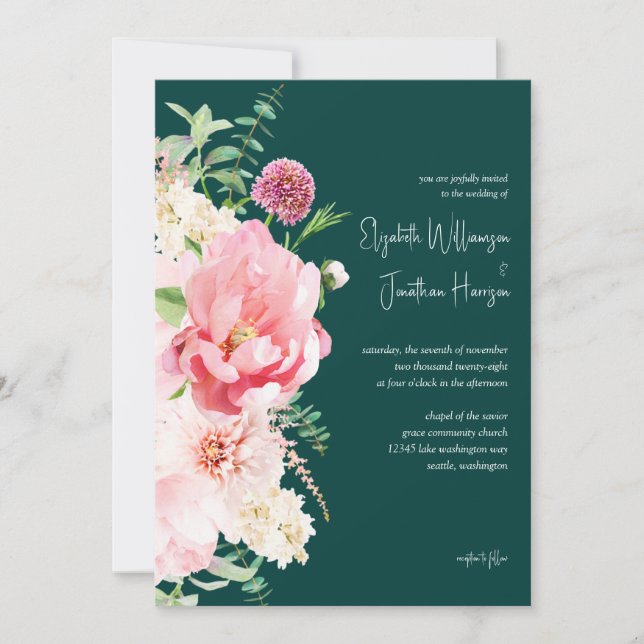 Emerald Blush Dark Moody Floral Stilschrift Einladung (Vorderseite)
