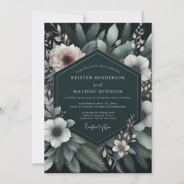 Emerald Blush Moody Flora Wedding Einladung (Vorderseite)