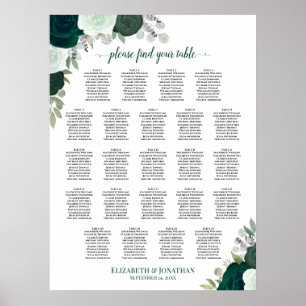 Emerald Boho Floral 23 Table Wedding Seating Chart Poster