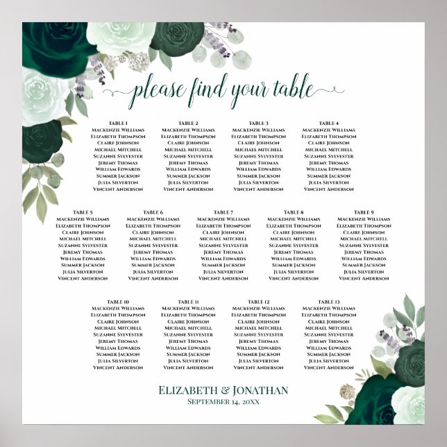 Emerald Boho Rose 13 Tabelle Seating Chart Poster (Vorne)