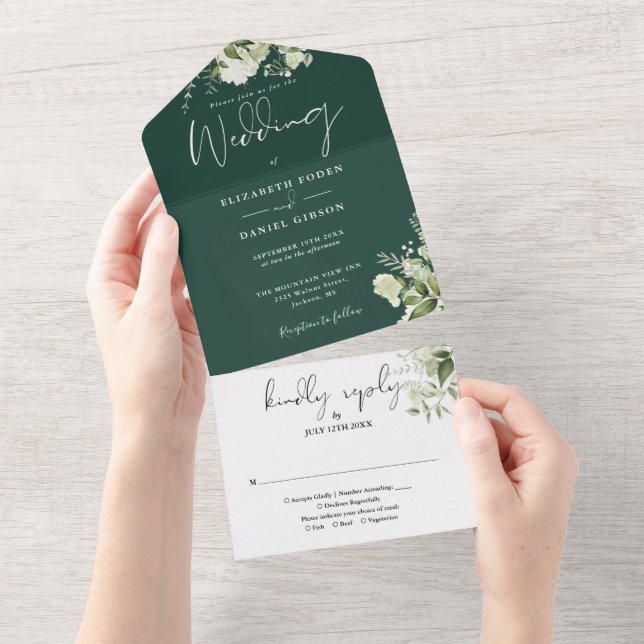 Emerald Botanical Greenerenery Monogram Wedding All In One Einladung (Abreißen)
