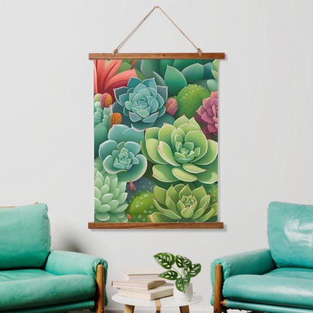 Emerald Botanical Succulent Elegante Wandteppich Mit Holzrahmen (Wohnzimmer)