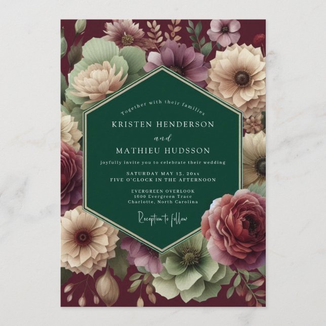 Emerald Burgundy Dramatic Bloom Wedding Einladung (Vorderseite)