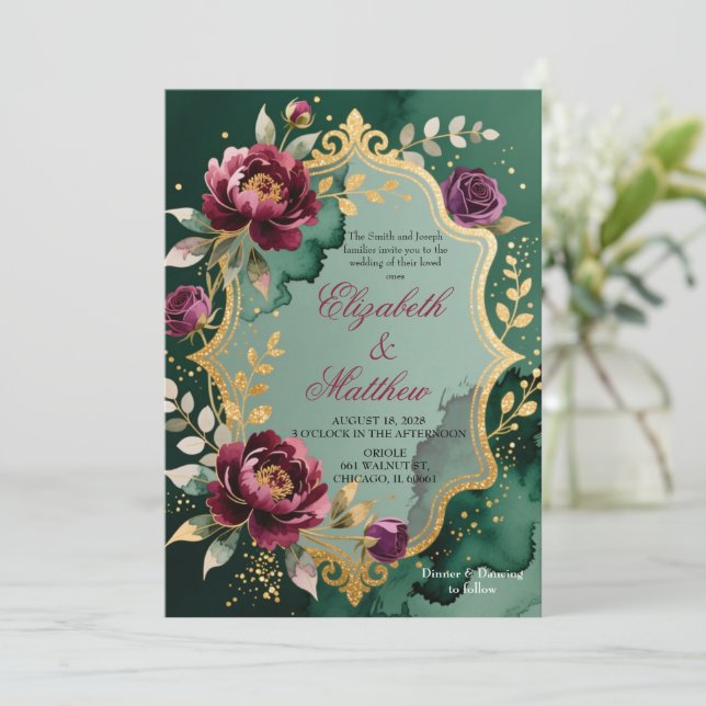 Emerald Burgundy Floral Glitter Wedding Invitation (Debout devant)