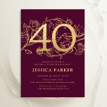Emerald Burgundy Gold Elegant 40. Geburtstag Einladung<br><div class="desc">Elegante burgundy Maroon Gold 40. Geburtstag Party Einladung. Individuell gestaltbares dunkelrotes Marsala-Weindesign mit Rose botanischen Akzenten und Typografie-Script-Schriftart. Einfache florale Einladungskarte perfekt für eine stilvolle Damenfeier. Personalisieren Sie Ihre persönlichen Daten. Gedruckte Zazzle Einladungen oder Sofortdownload digitalen druckbaren Vorlage.</div>
