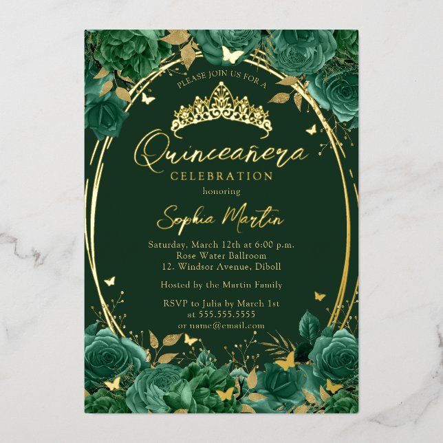 Emerald Captivating Floral Butterfly Quinceanera Folieneinladung (Vorderseite)