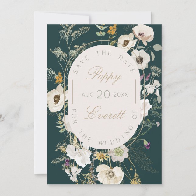Emerald & Cream Poppy Floral Save The Date Card (Devant)
