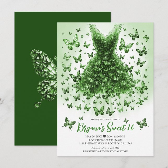 Emerald Crystal Butterfly Dress May Birthstone Einladung (Vorne/Hinten)