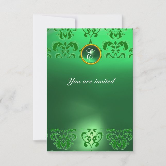 EMERALD DAMASK GEM STONE MONOGRAM grün Einladung (Vorderseite)