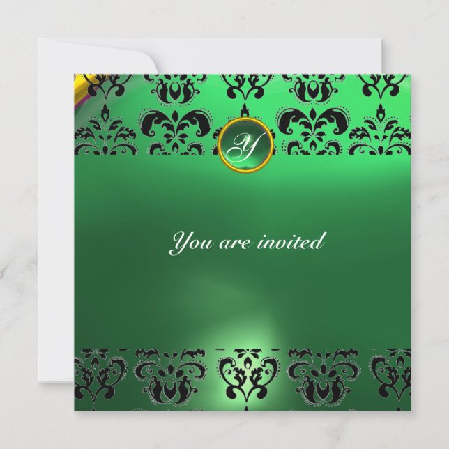 EMERALD DAMASK GEM STONE MONOGRAM grün Einladung (Vorderseite)