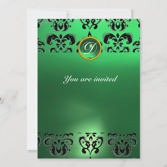 EMERALD DAMASK GEM STONE MONOGRAM grün Einladung (Vorderseite)