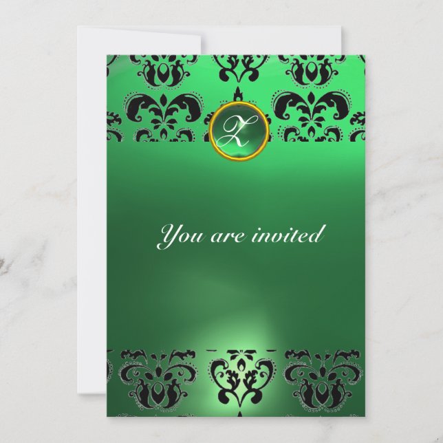 EMERALD DAMASK GEM STONE MONOGRAMM grün schwarz Einladung (Vorderseite)