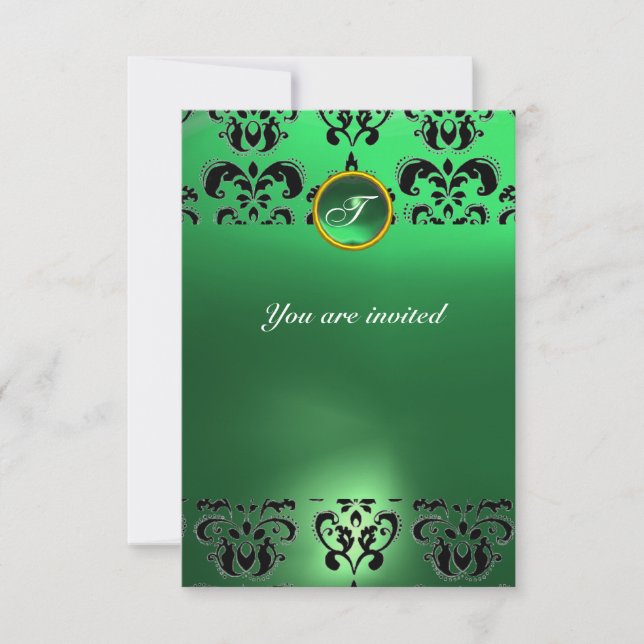 EMERALD DAMASK GEM STONE MONOGRAMM grün schwarz Einladung (Vorderseite)