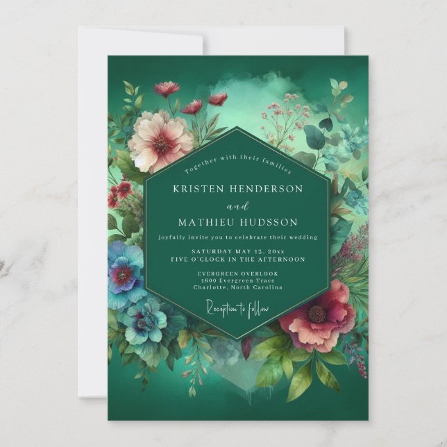 Emerald Deep Floral Opulence Wedding Einladung (Vorderseite)