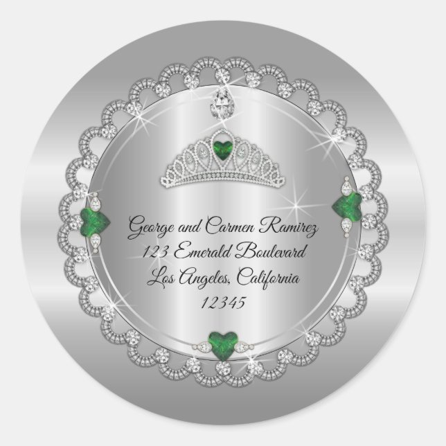 Emerald | Diamond Crown Quinceñera Rücksendeadress Runder Aufkleber (Vorderseite)