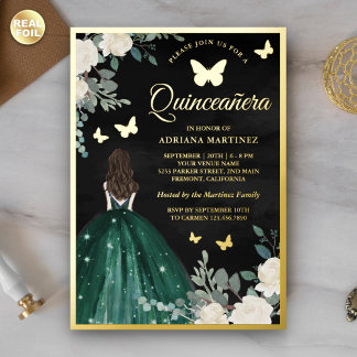 Emerald Dress Butterfly Black Quinceanera Gold Folieneinladung