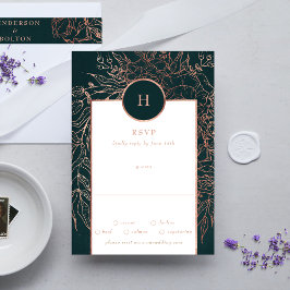 Emerald Dusty Rose Gold Monogram Wreath Wedding RSVP Karte
