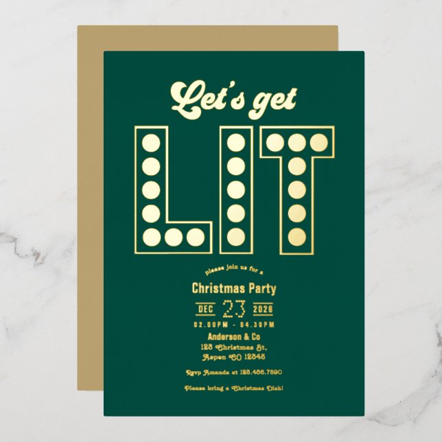 Emerald Elegance Get Lit Retro Christmas Party Folieneinladung (Vorderseite/Rückseite)