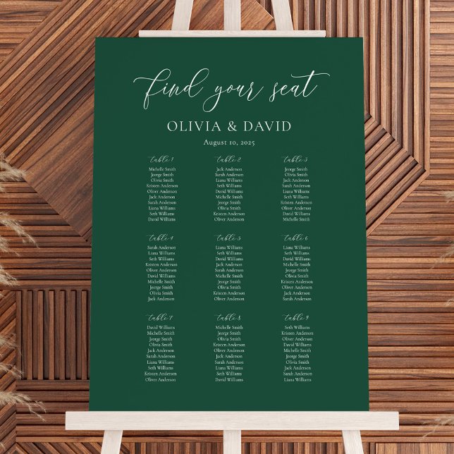 Emerald Elegant Script 9 Table Seating Chart Poster (Von Creator hochgeladen)