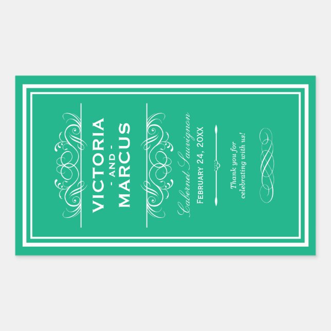 Emerald Elegant Wedding Monogram Wine Flasche Rechteckiger Aufkleber (Vorderseite)