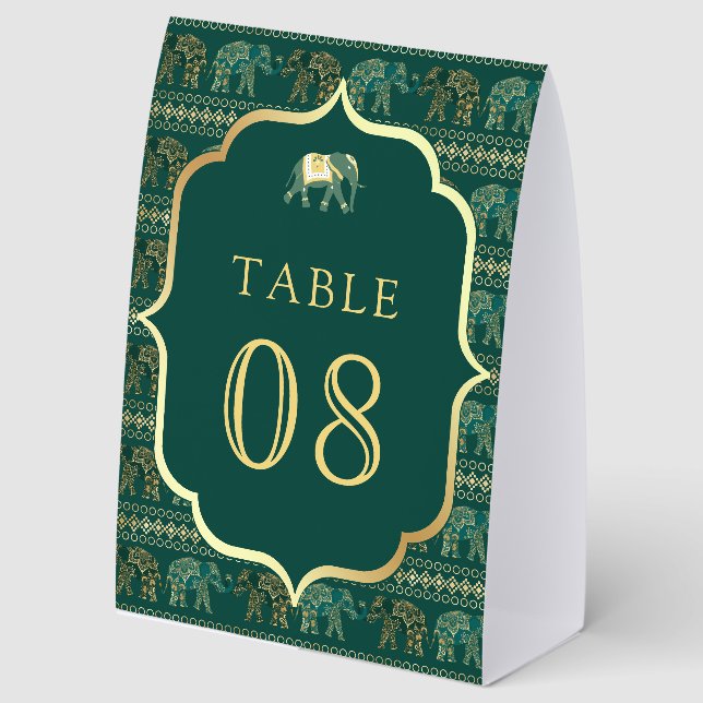 Emerald Elephant Indian Wedding Table Number Tischaufsteller (Vorderseite)