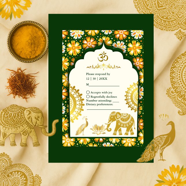 Emerald Elfeny Marigold Hindu Wedding RSVP Karte (Von Creator hochgeladen)