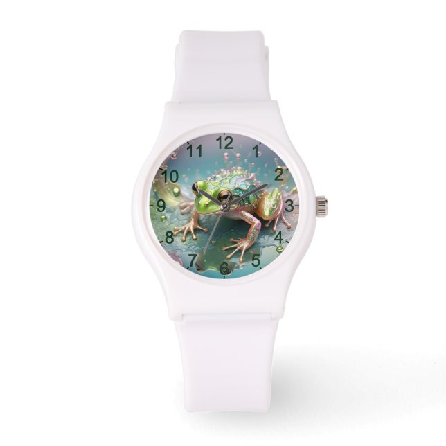 "Emerald Essence: Green Frog in Fraktal Art" Armbanduhr (Vorderseite)
