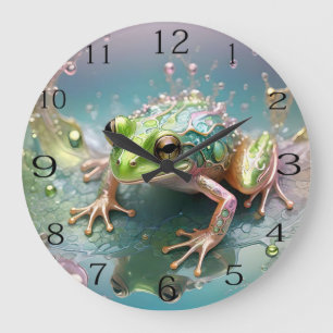 "Emerald Essence: Green Frog in Fraktal Art" Große Wanduhr