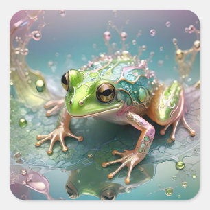 "Emerald Essence: Green Frog in Fraktal Art" Quadratischer Aufkleber