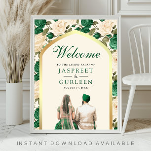Emerald Floral Anand Karaj Wedding Welcome Sign Poster