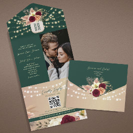 Emerald Floral Boho Wedding All In One Einladung