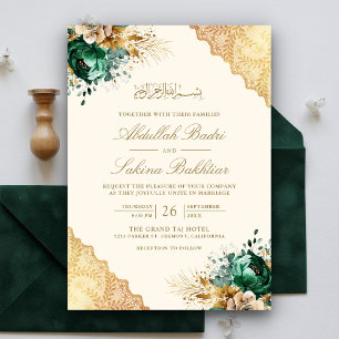 Emerald Floral Gold Lace Cream muslimische Hochzei Einladung