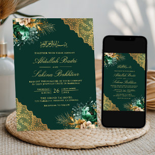 Emerald Floral Gold Lace Green Muslim Wedding Einladung