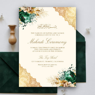 Emerald Floral Gold Lace muslimische Mehndi Zeremo Einladung