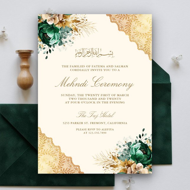Emerald Floral Gold Lace muslimische Mehndi Zeremo Einladung (Von Creator hochgeladen)