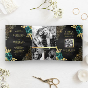 Emerald Floral Gold Lace QR Code Black Wedding Dreifach Gefaltete Einladung