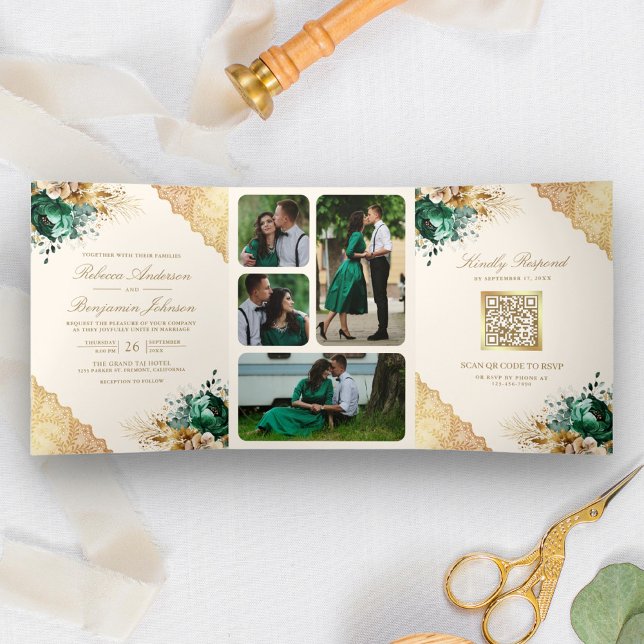 Emerald Floral Gold Lace QR Code Cream Wedding Dreifach Gefaltete Einladung (Von Creator hochgeladen)