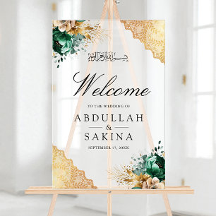 Emerald Floral Gold Muslimische Hochzeitsbegrüßung Acrylschild