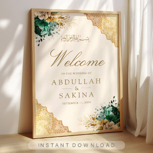 Emerald Floral Gold Muslimische Hochzeitsbegrüßung Poster