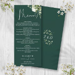 Emerald Floral Greenery Monogram Wedding Dinner Menükarte<br><div class="desc">Dieses elegante smaragdfarbene botanische Blätter im Grün  Hochzeitsmenü und kann mit Ihren Informationen in chic Typografie mit Ihren Monogramm Initialen auf der Rückseite personalisiert werden. Entwickelt von Thisisnotme©</div>