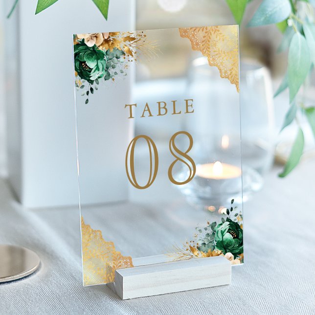 Emerald Floral Lace Wedding Acrylic Table Number Acryleinladungen (Von Creator hochgeladen)