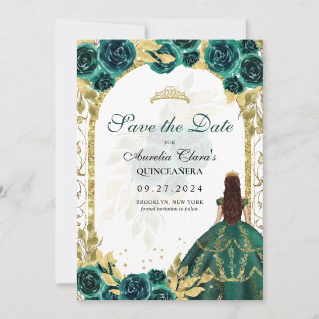 Emerald Floral Princess Gold Arch Quinceanera Ankündigung (Vorderseite)